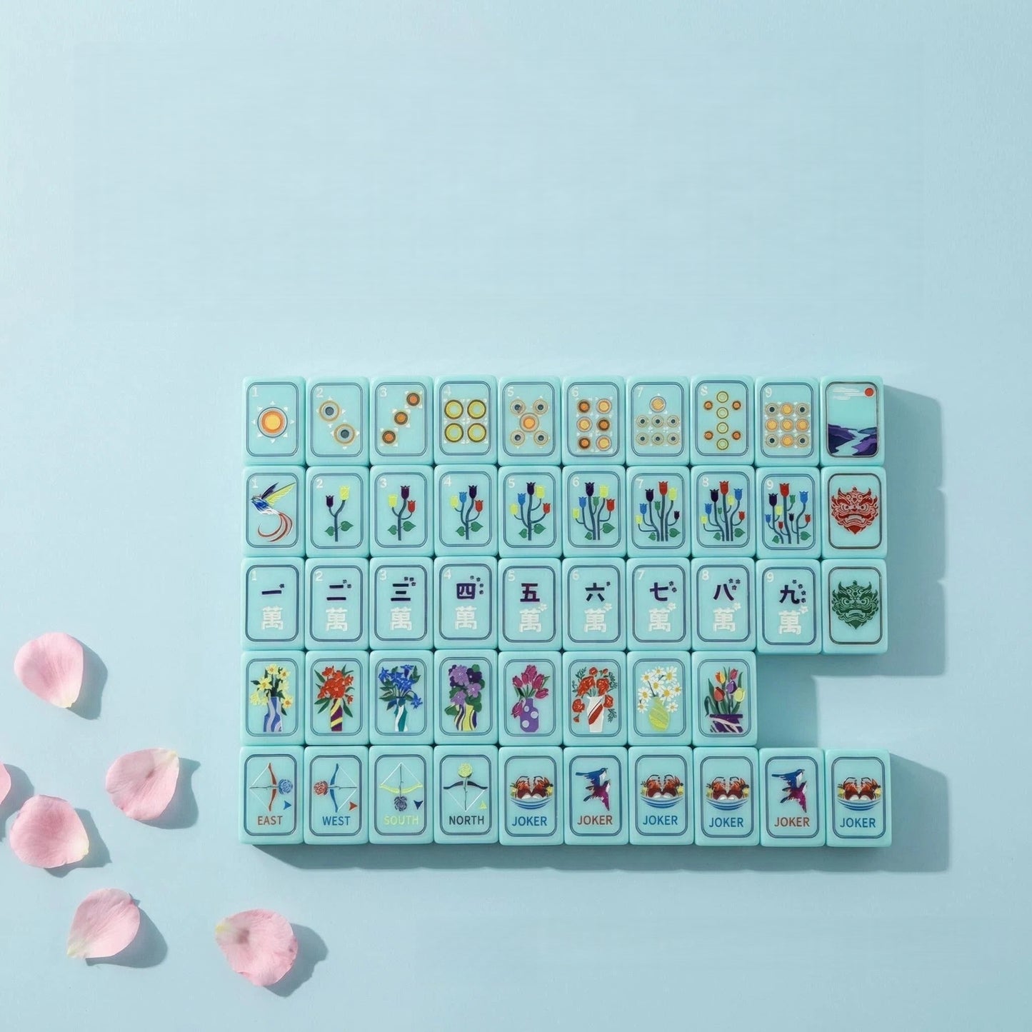Turquoise Mahjong Set – Tiles with Floral, Dragon & Crane Designs
