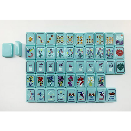 Turquoise Mahjong Set – Tiles with Floral, Dragon & Crane Designs