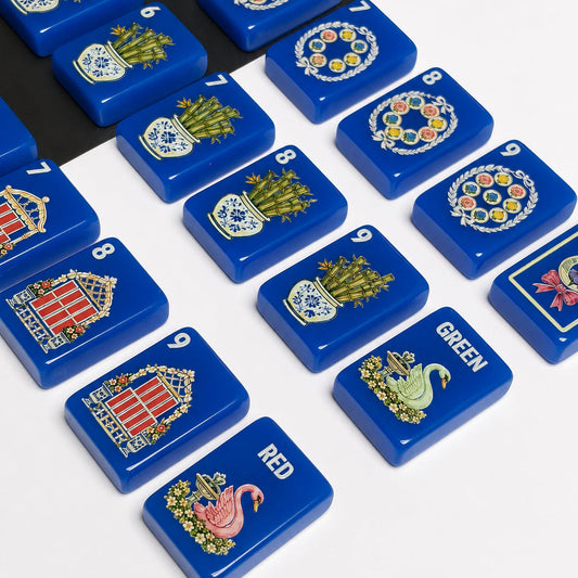 Royal Blue Garden Mahjong Set with Chinoiserie Floral Design