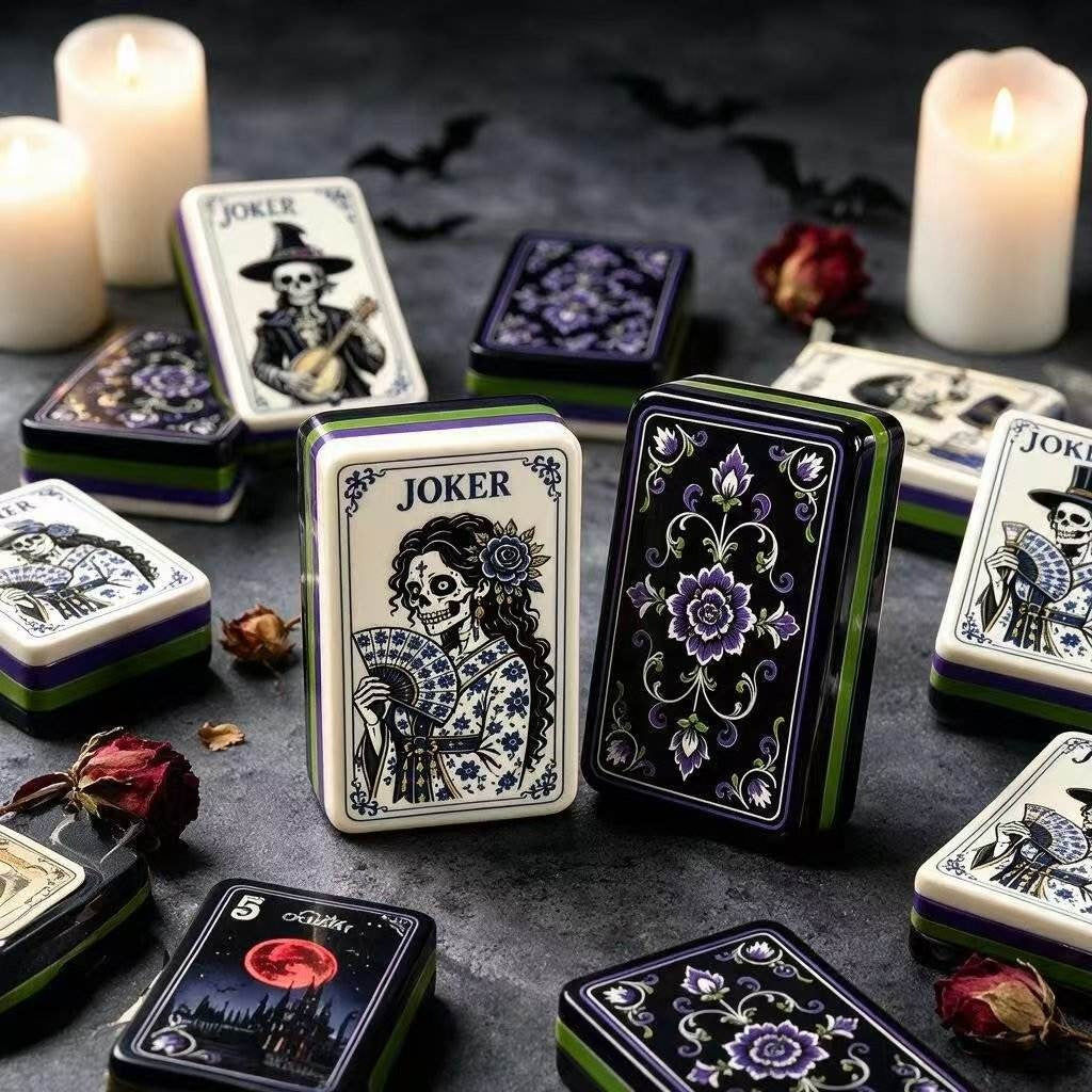 Gothic Halloween Mahjong Set – Purple Floral Backside Pattern