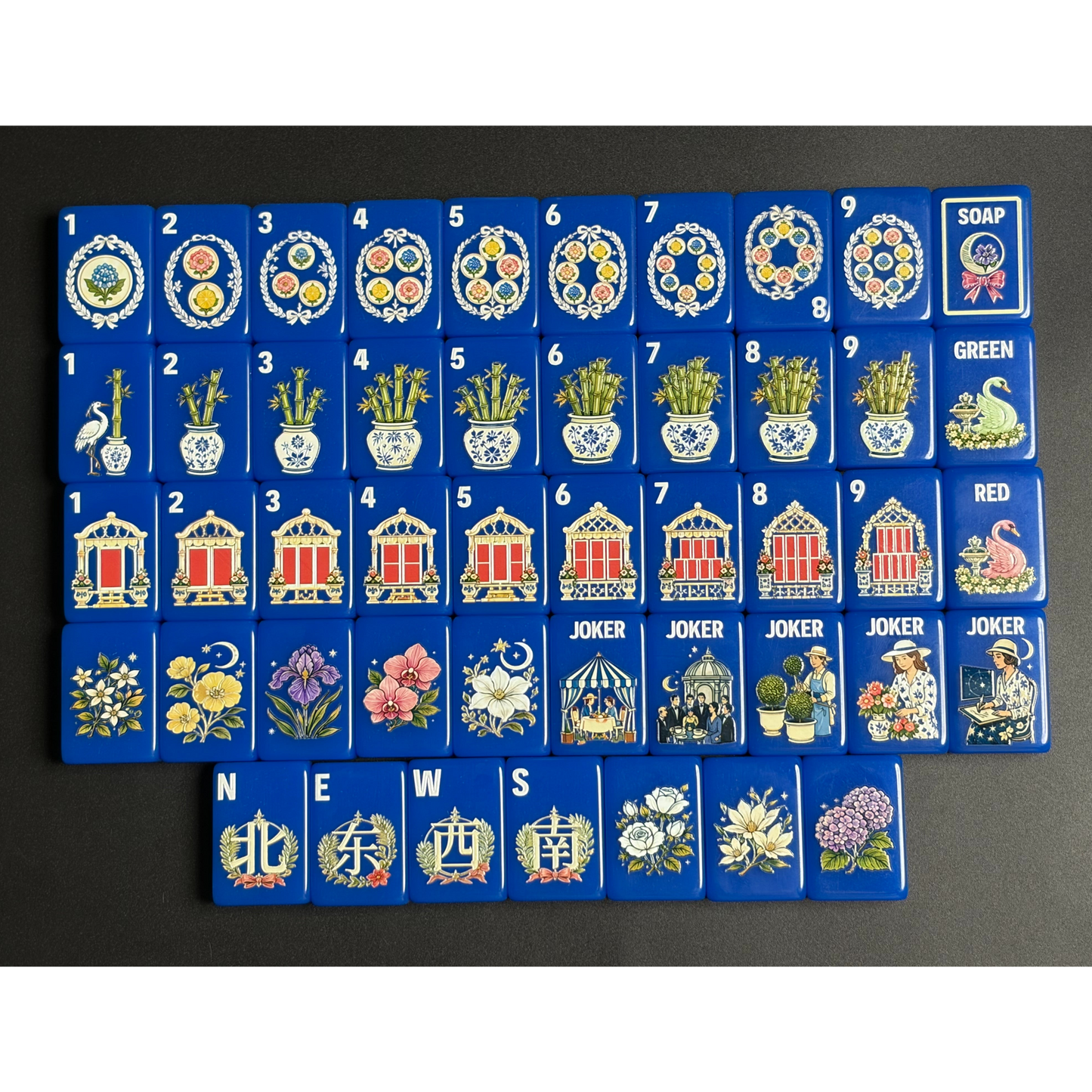 Royal Blue Garden Mahjong Set with Chinoiserie Floral Design