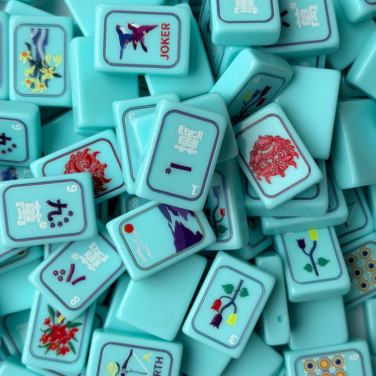 Turquoise Mahjong Set – Tiles with Floral, Dragon & Crane Designs