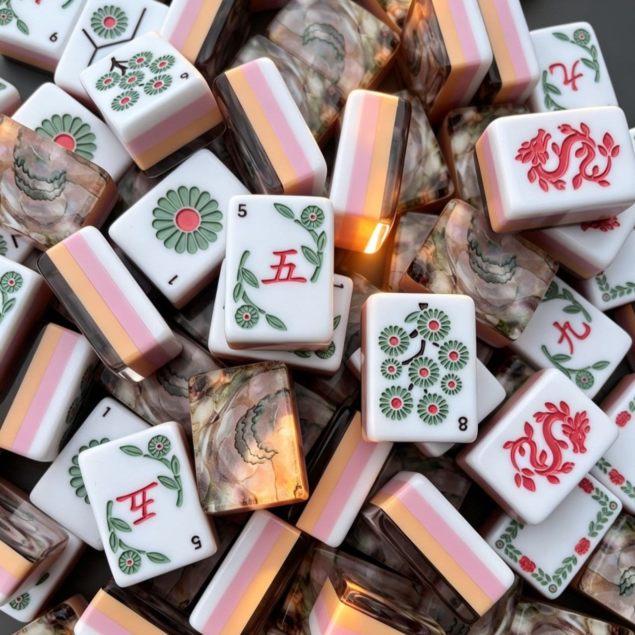 Luxury Pearl Mahjong Set with Floral Designs