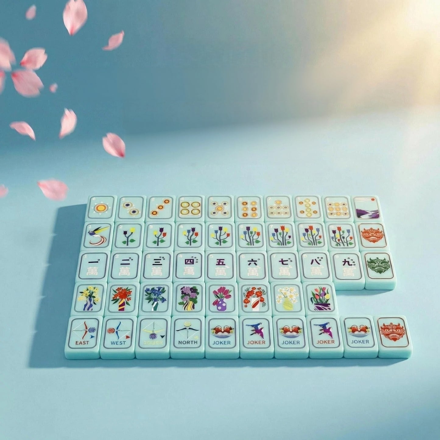 Turquoise Mahjong Set – Tiles with Floral, Dragon & Crane Designs