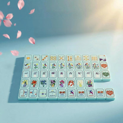 Turquoise Mahjong Set – Tiles with Floral, Dragon & Crane Designs