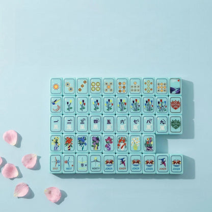 Turquoise Mahjong Set – Tiles with Floral, Dragon & Crane Designs