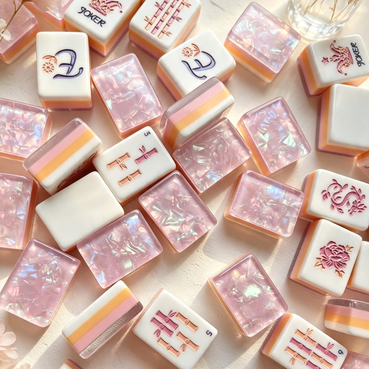 Pink Iridescent American Mahjong Set – Modern Floral Tiles