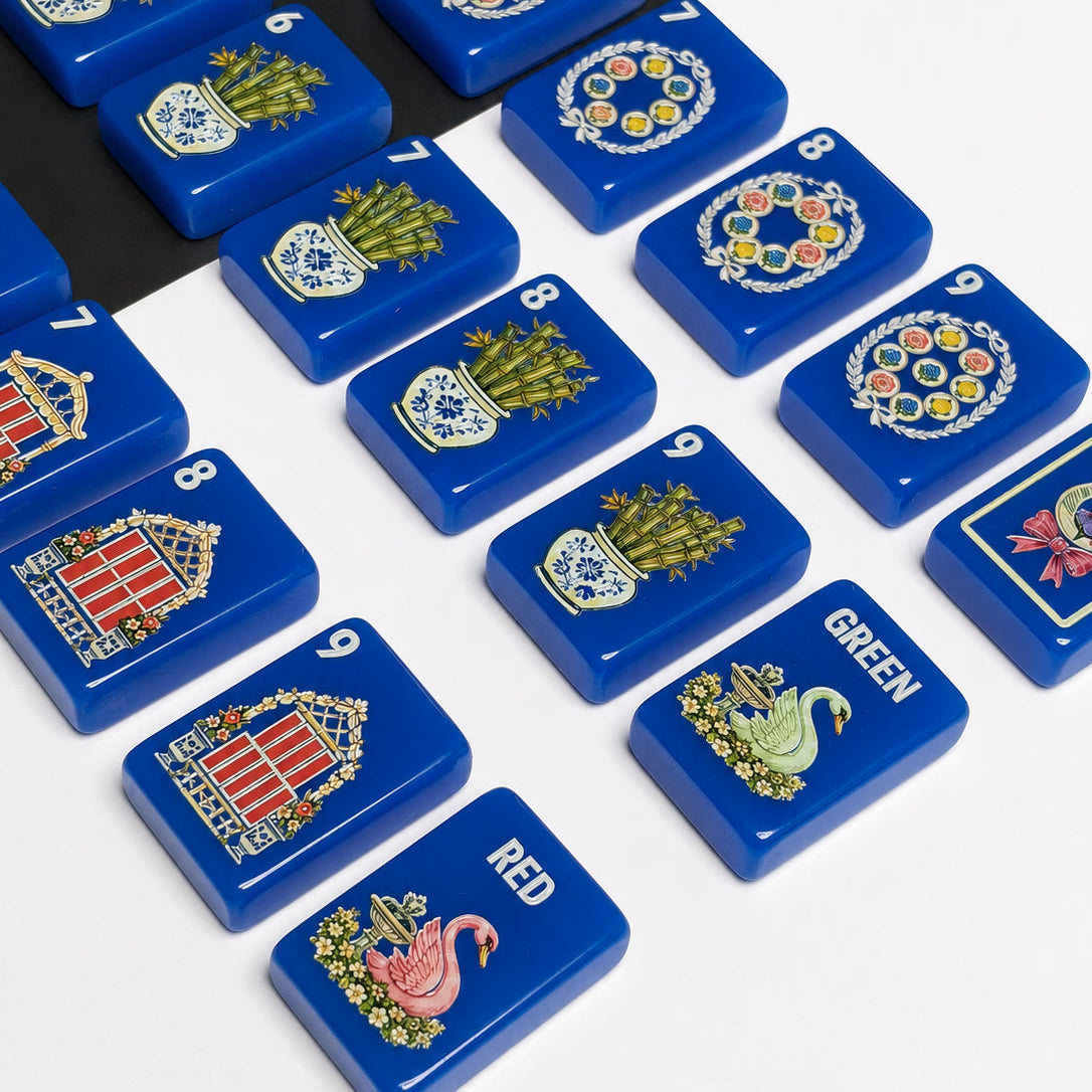 Royal Blue Garden Mahjong Set with Chinoiserie Floral Design