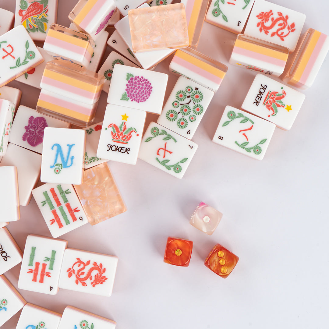 Elegant Orange Floral Mahjong Tiles with Designer Botanical Artwork