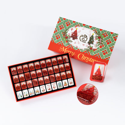 Handcrafted Luxury Christmas Mahjong Set – Unique Tiles with Red Liquid Glitter Tree Backs for Gifts & Collection