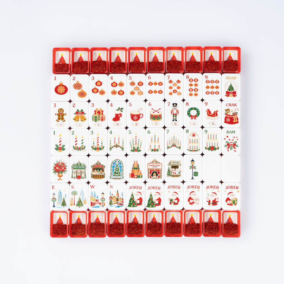 Handcrafted Luxury Christmas Mahjong Set – Unique Tiles with Red Liquid Glitter Tree Backs for Gifts & Collection