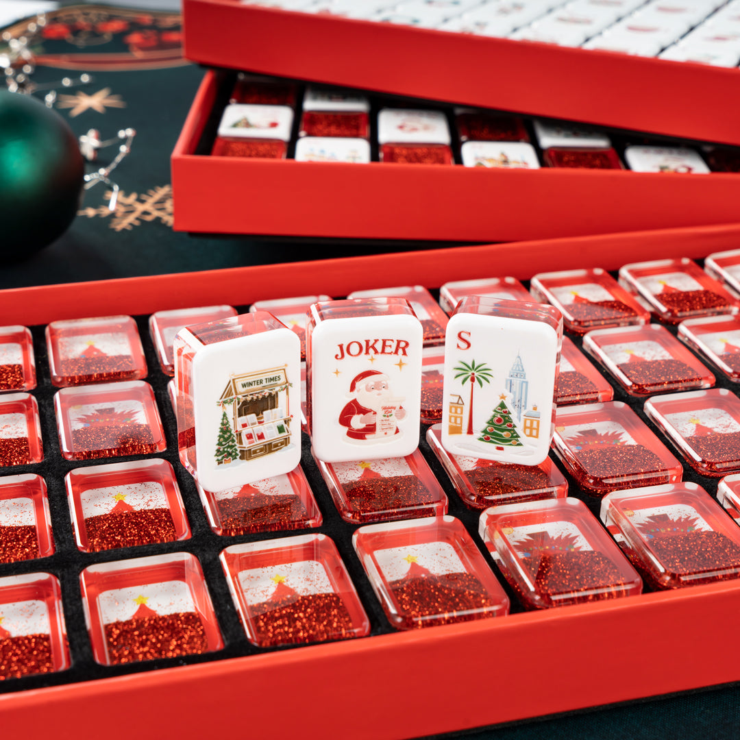 Handcrafted Luxury Christmas Mahjong Set – Unique Tiles with Red Liquid Glitter Tree Backs for Gifts & Collection
