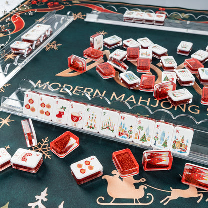 Handcrafted Luxury Christmas Mahjong Set – Unique Tiles with Red Liquid Glitter Tree Backs for Gifts & Collection