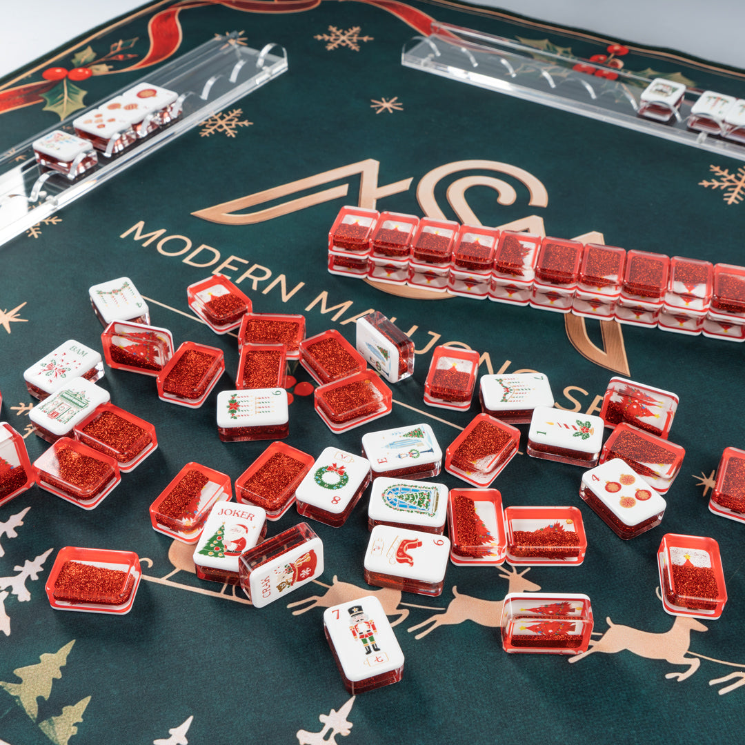 Handcrafted Luxury Christmas Mahjong Set – Unique Tiles with Red Liquid Glitter Tree Backs for Gifts & Collection