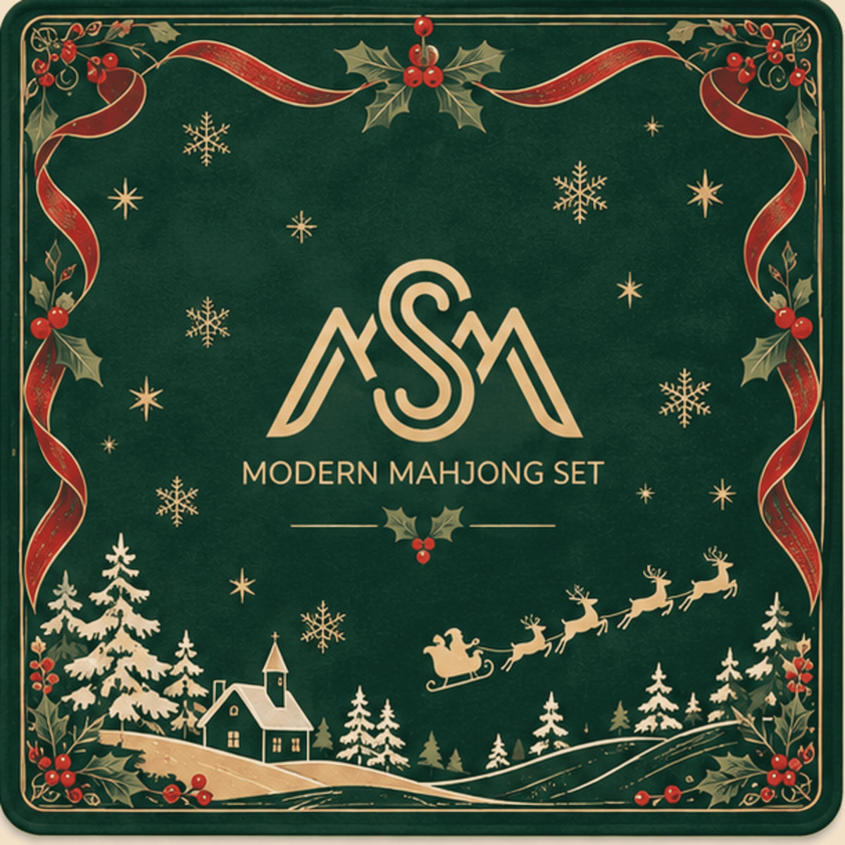 Christmas Mahjong Mat – Forest Green Holiday & Santa Sleigh Design | 31.5" × 31.5"