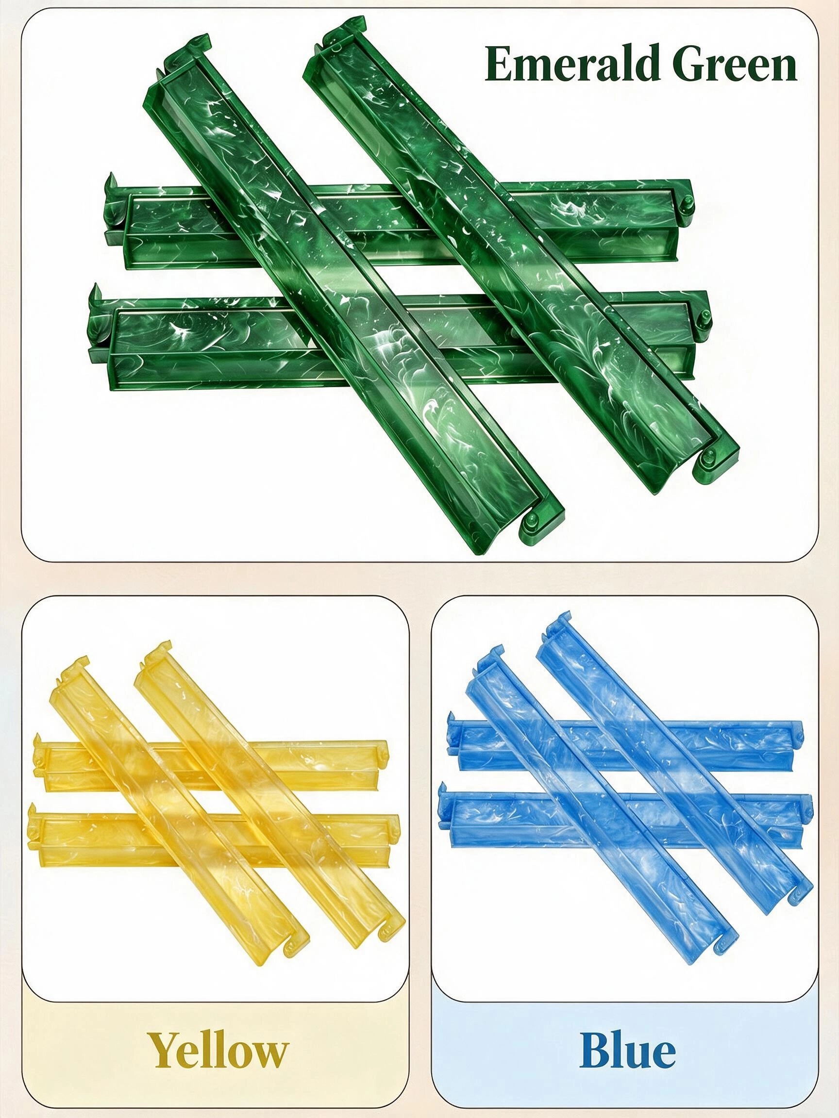 A color-options graphic showing translucent plastic channel strips in three colors: Emerald Green, Yellow, and Blue. The top panel displays four green strips labeled 'Emerald Green' on a white background.