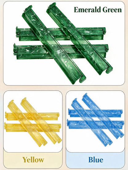 A color-options graphic showing translucent plastic channel strips in three colors: Emerald Green, Yellow, and Blue. The top panel displays four green strips labeled 'Emerald Green' on a white background.