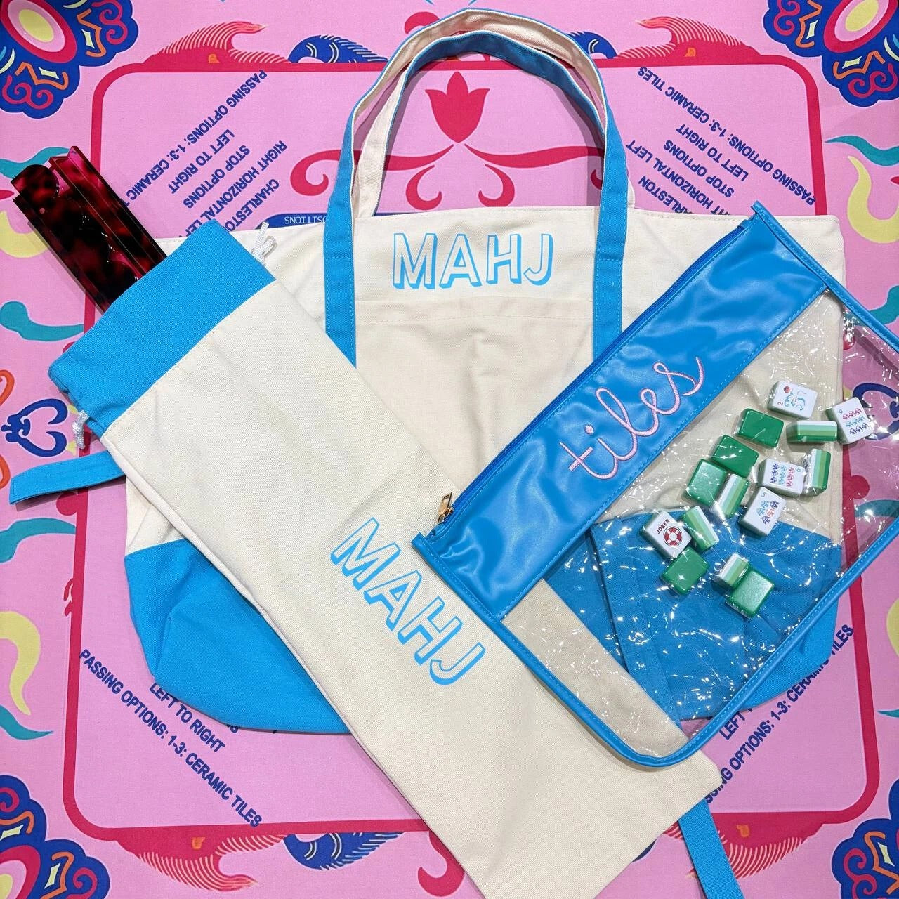 Modern Mahjong Set Canvas Mahjong Bag Blue