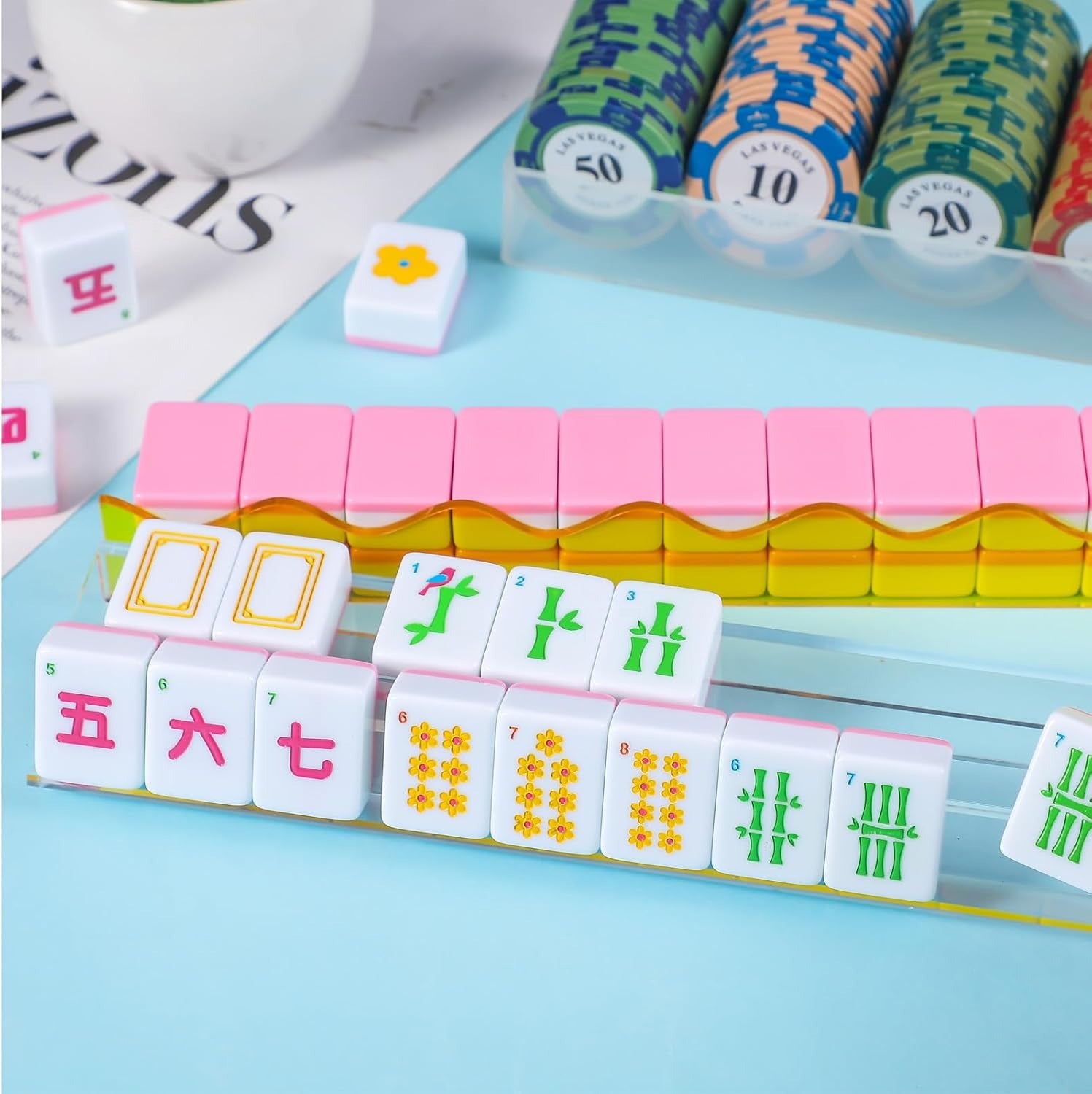 Modern Mahjong Set Clear Mahjong Racks with Magnetic Pushers 4 Pieces Set 4