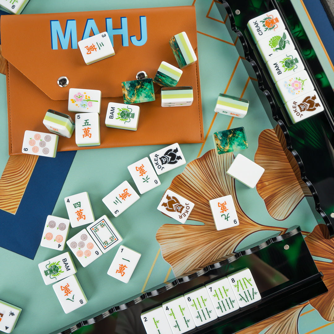 Modern Mahjong Set Jade & Gold Vein Mahjong Set Forest Collection 4