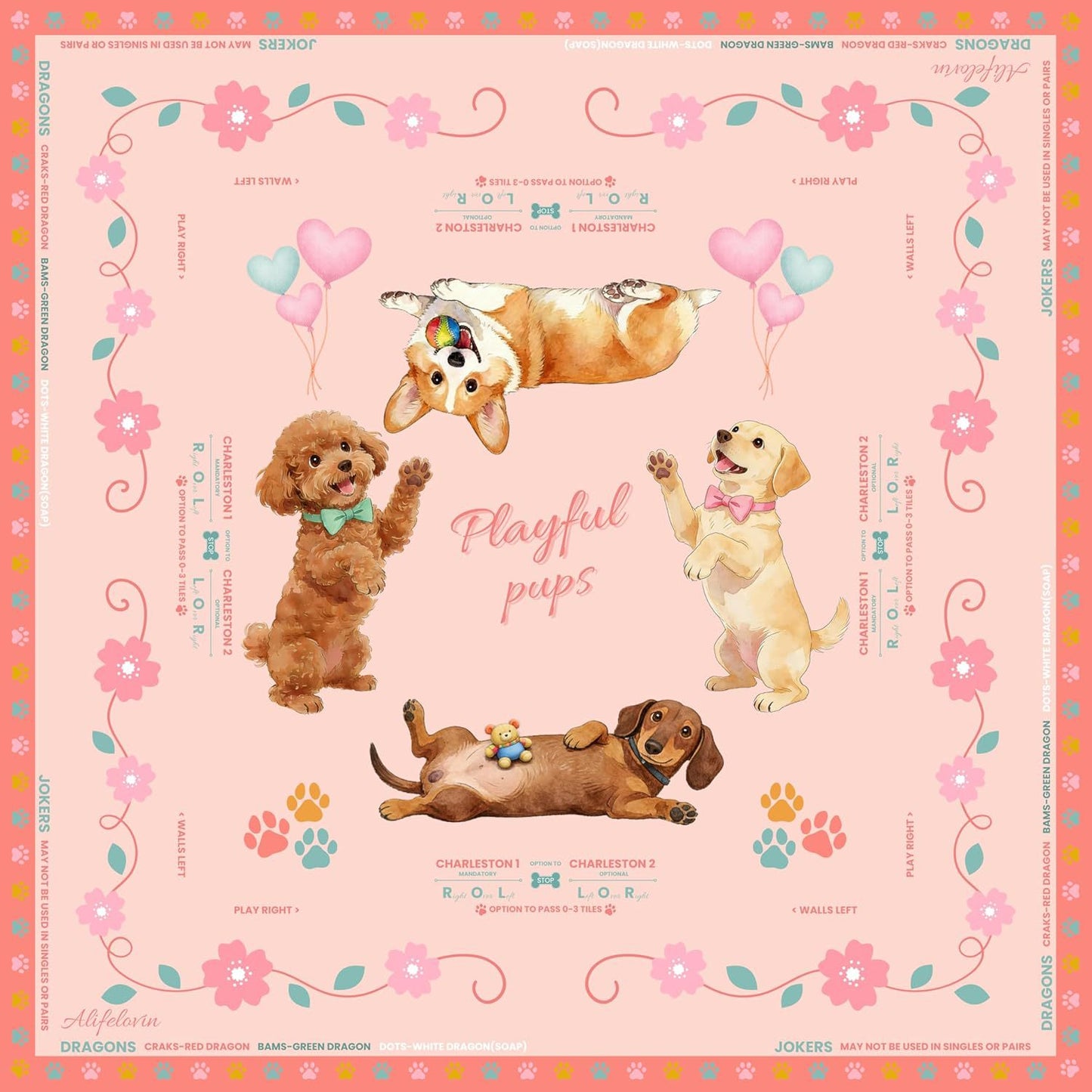 Modern Mahjong Set Playful Pups Mahjong Mat