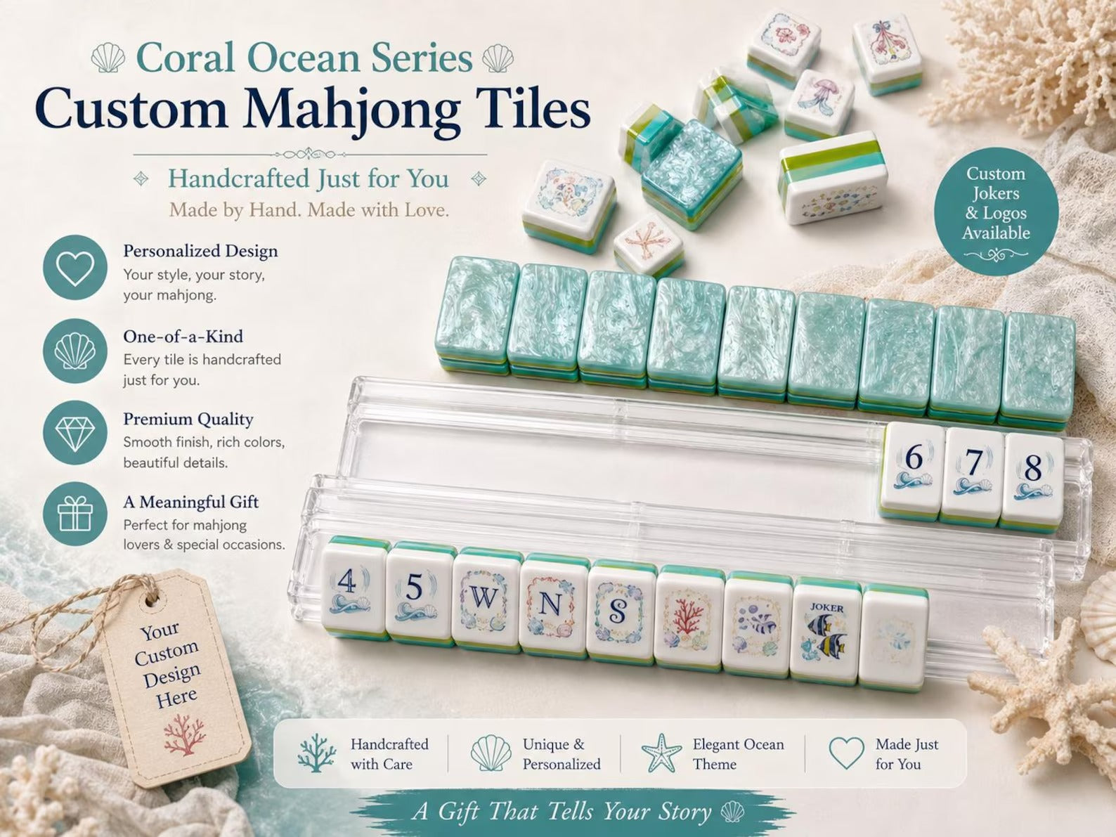 Modern Mahjong Set Seafoam Pearl Mahjong Tiles Ocean Collection 5