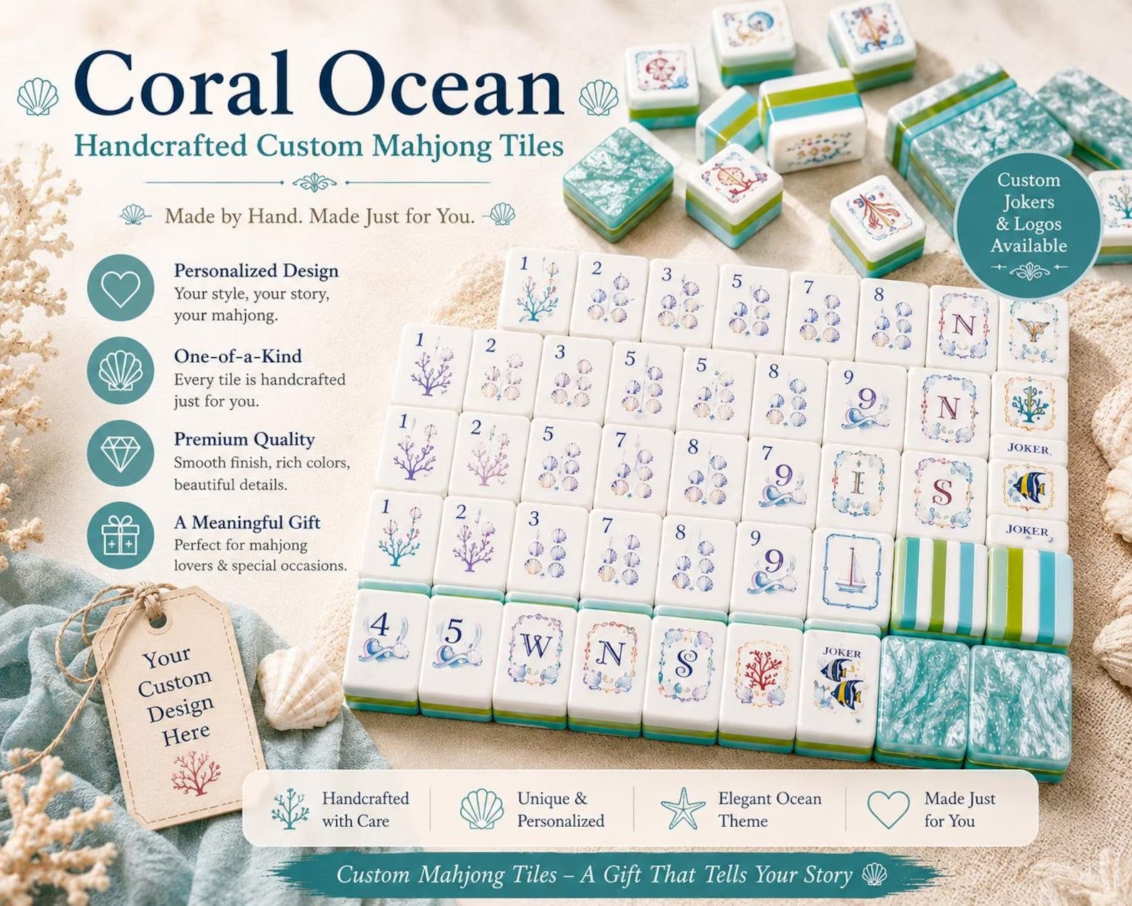 Modern Mahjong Set Seafoam Pearl Mahjong Tiles Ocean Collection 6