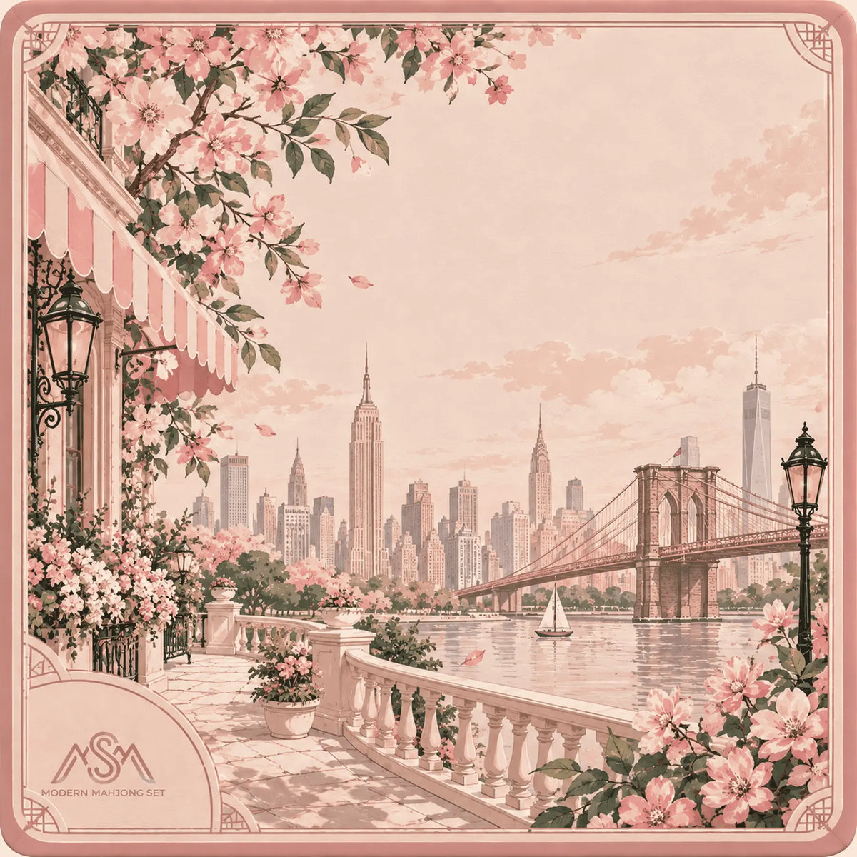 New York Mahjong Mat – Pink Cherry Blossom & City Skyline Design | 31.5" × 31.5"