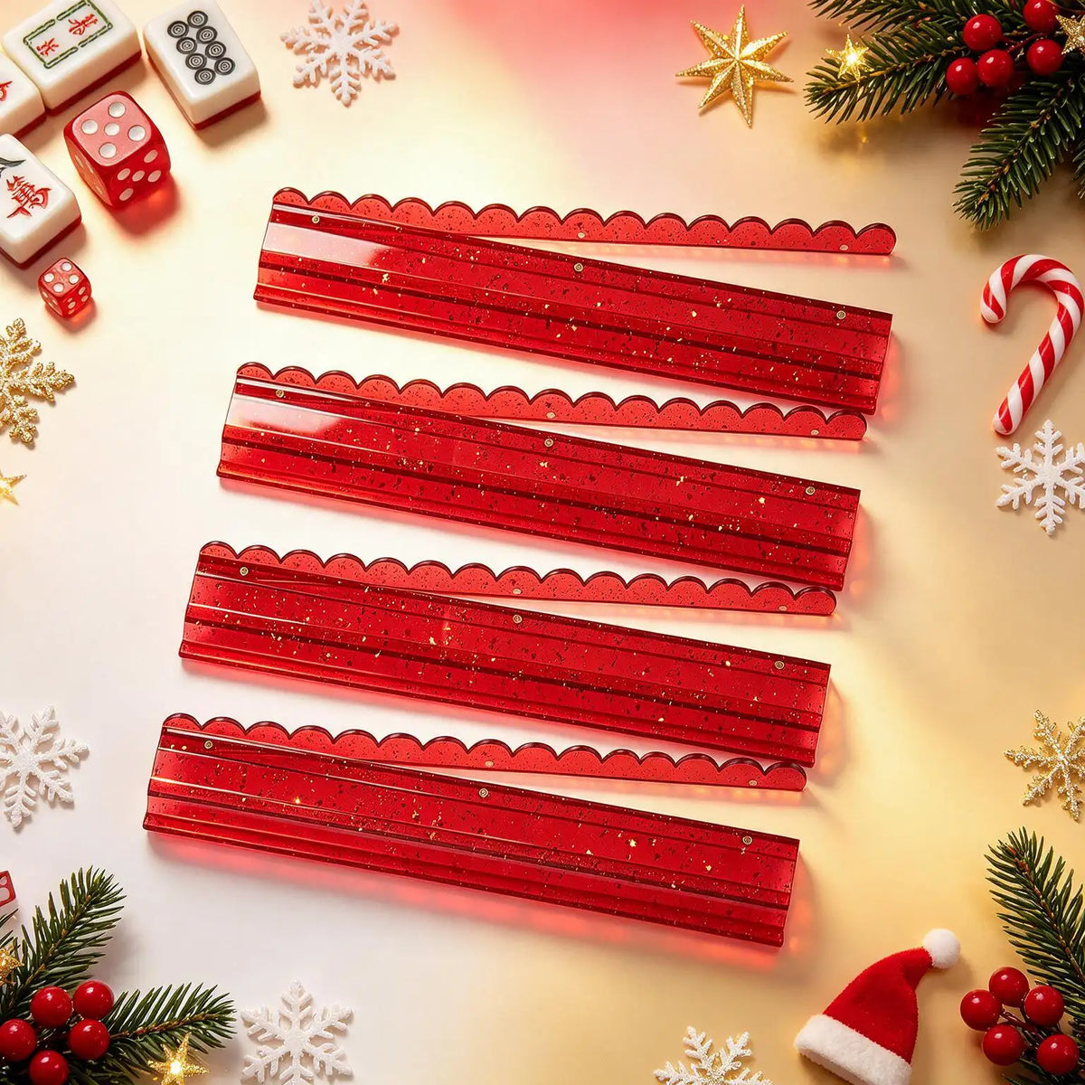 Red Glitter Acrylic Mahjong Rack & Pusher Set with Scallop Magnetic Pushers - 4 Pieces 4