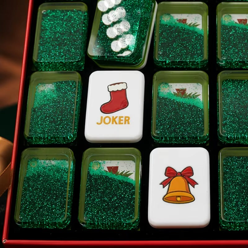 Handcrafted Luxury Christmas Mahjong Set – Unique Tiles with Liquid Glitter Tree Backs for Gifts & Collection