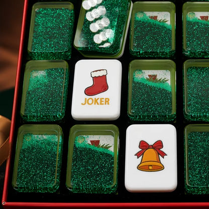 Handcrafted Luxury Christmas Mahjong Set – Unique Tiles with Liquid Glitter Tree Backs for Gifts & Collection