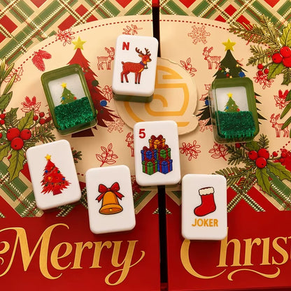 Handcrafted Luxury Christmas Mahjong Set – Unique Tiles with Liquid Glitter Tree Backs for Gifts & Collection