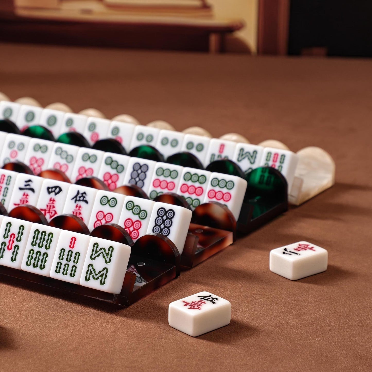 Luxury Acrylic Mahjong Rack & Pushers Set – Iridescent Shell Pattern with Scallop Pusher | 4 Pieces