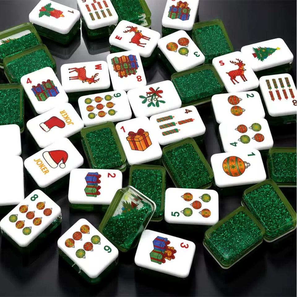 Handcrafted Luxury Christmas Mahjong Set – Unique Tiles with Liquid Glitter Tree Backs for Gifts & Collection