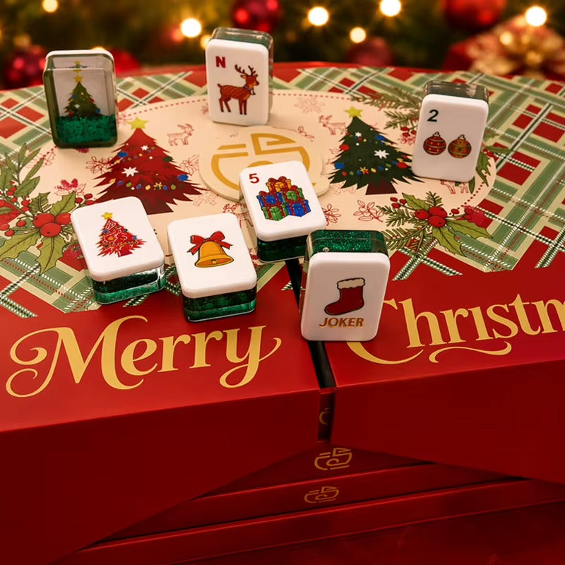 Handcrafted Luxury Christmas Mahjong Set – Unique Tiles with Liquid Glitter Tree Backs for Gifts & Collection
