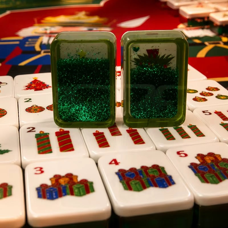 Handcrafted Luxury Christmas Mahjong Set – Unique Tiles with Liquid Glitter Tree Backs for Gifts & Collection