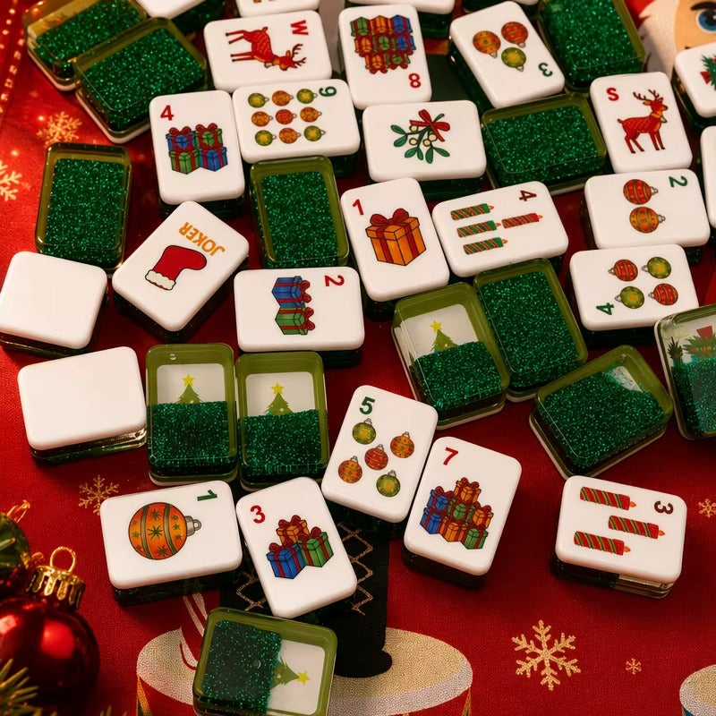 Handcrafted Luxury Christmas Mahjong Set – Unique Tiles with Liquid Glitter Tree Backs for Gifts & Collection