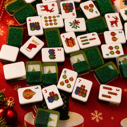 Handcrafted Luxury Christmas Mahjong Set – Unique Tiles with Liquid Glitter Tree Backs for Gifts & Collection