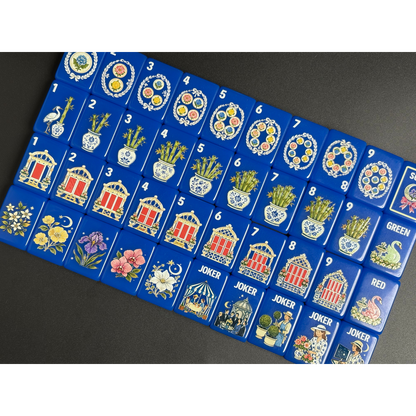 Royal Blue Garden Mahjong Set with Chinoiserie Floral Design