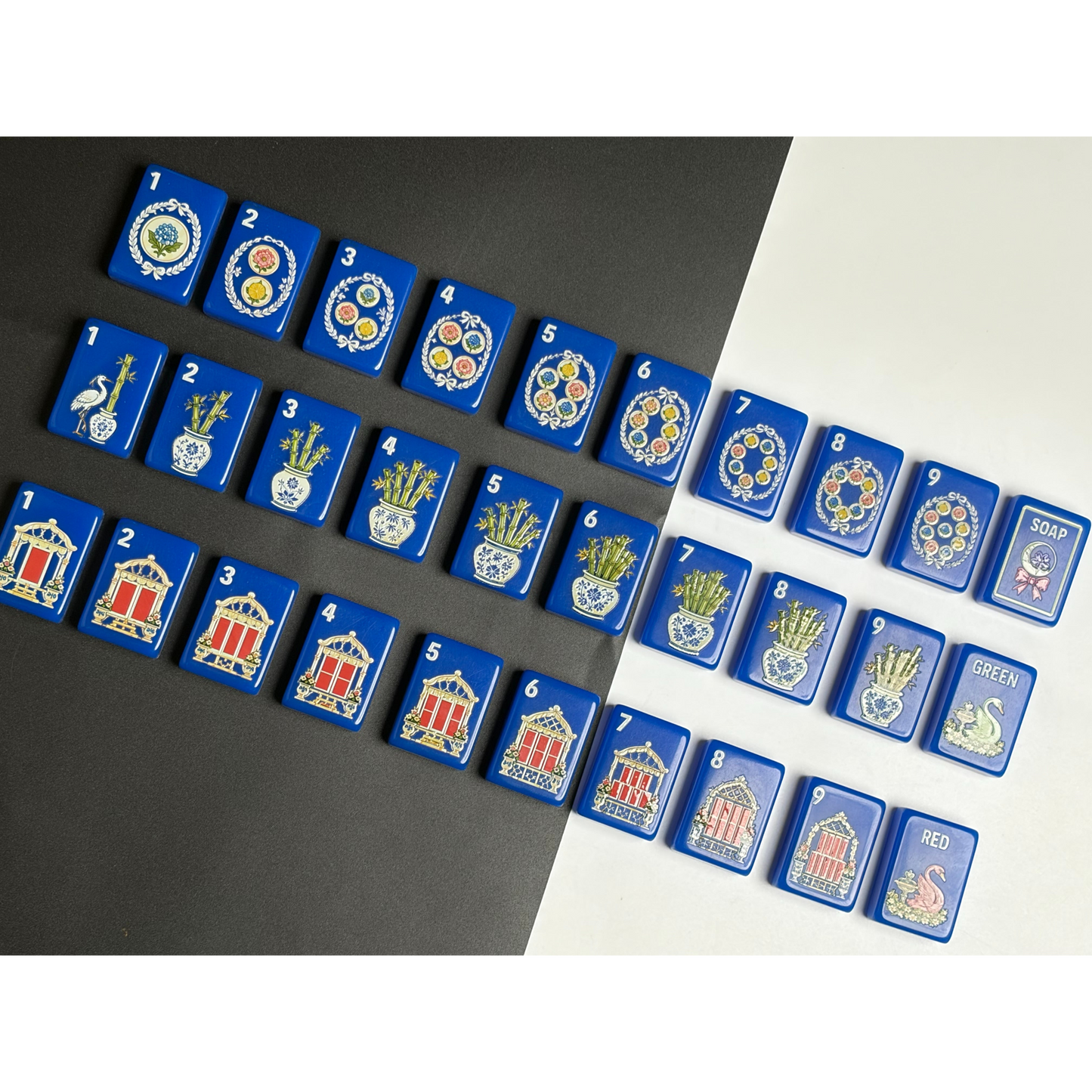 Royal Blue Garden Mahjong Set with Chinoiserie Floral Design