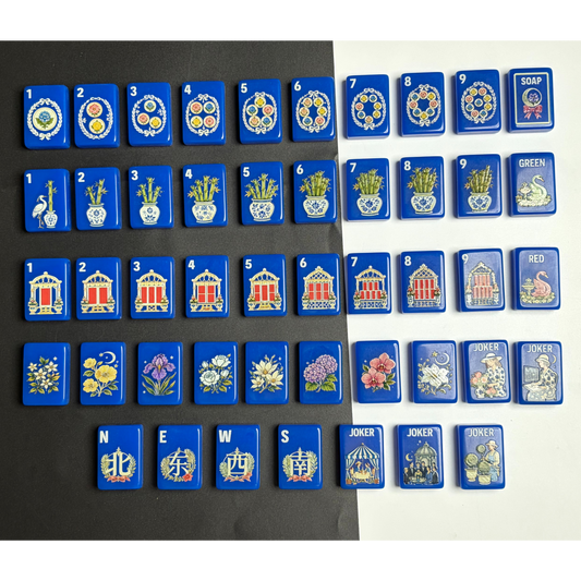 Royal Blue Garden Mahjong Set with Chinoiserie Floral Design
